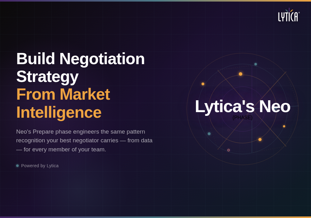 Build Negotiation Strategy From Market Intelligence Neo's Prepare phase engineers the same pattern recognition your best negotiator carries — from data — for every member of your team. • Powered by Lytica LYTICA® Lytica's Neo