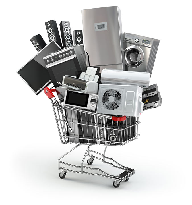 Shopping cart full of various electronic equipment